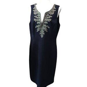 Papell Boutique Evening Sleeveless Navy Dress With Embroidered Design Size 12